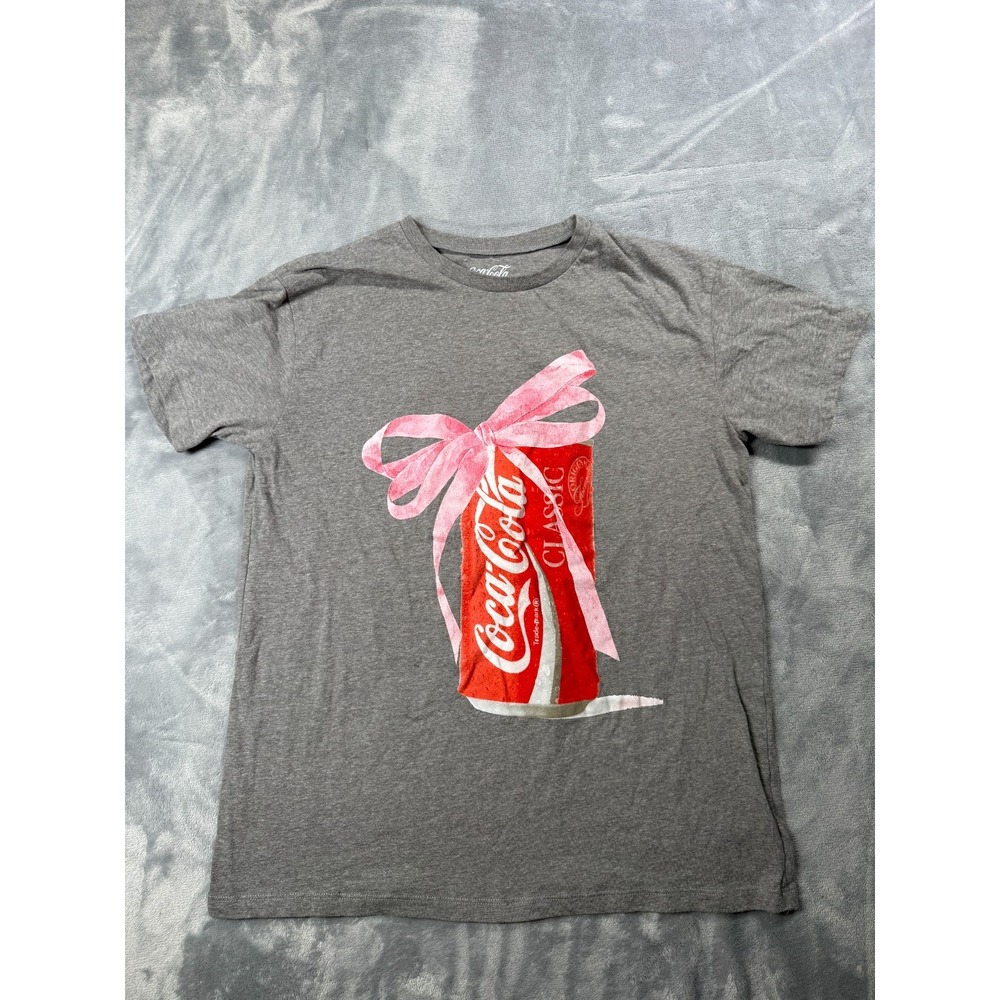 Coca Cola T Shirt Womens XL Heathered Gray Soda Can Wrapped In Bow Graphic Print